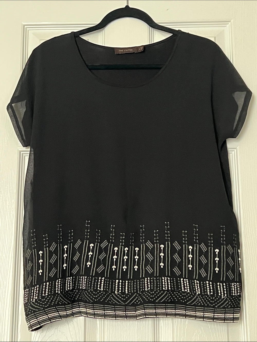 The Limited Black Short Sleeve Beaded Hem Blouse